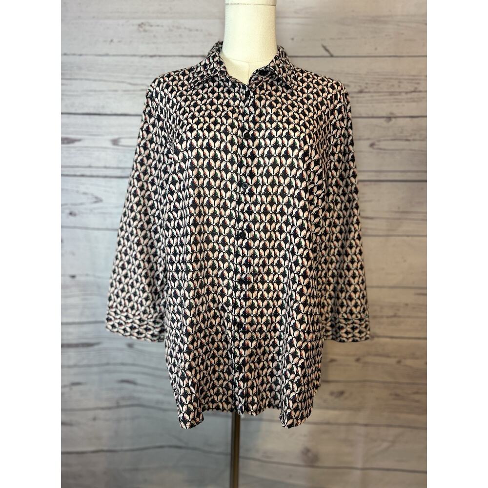 Partridge Blue Bird Print Silk Blend Button Down Shirt JCP Size Large